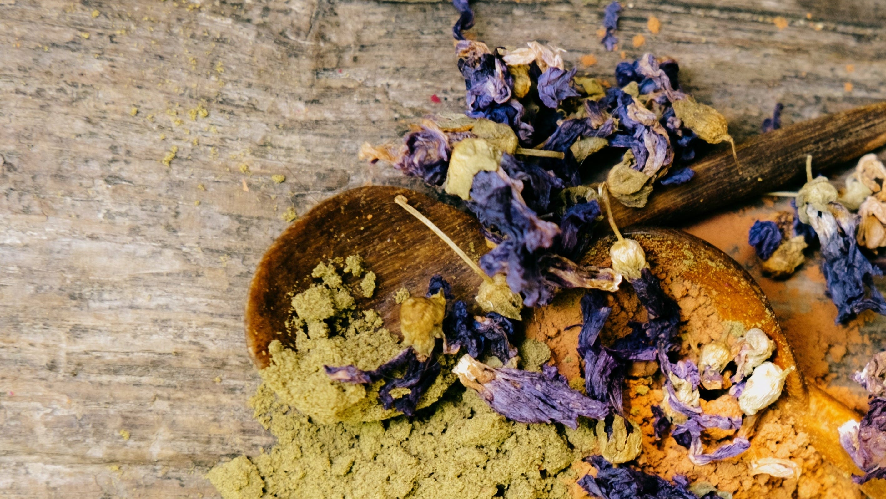 Organic powders and dried flowers on wooden spoons against a rustic wooden background