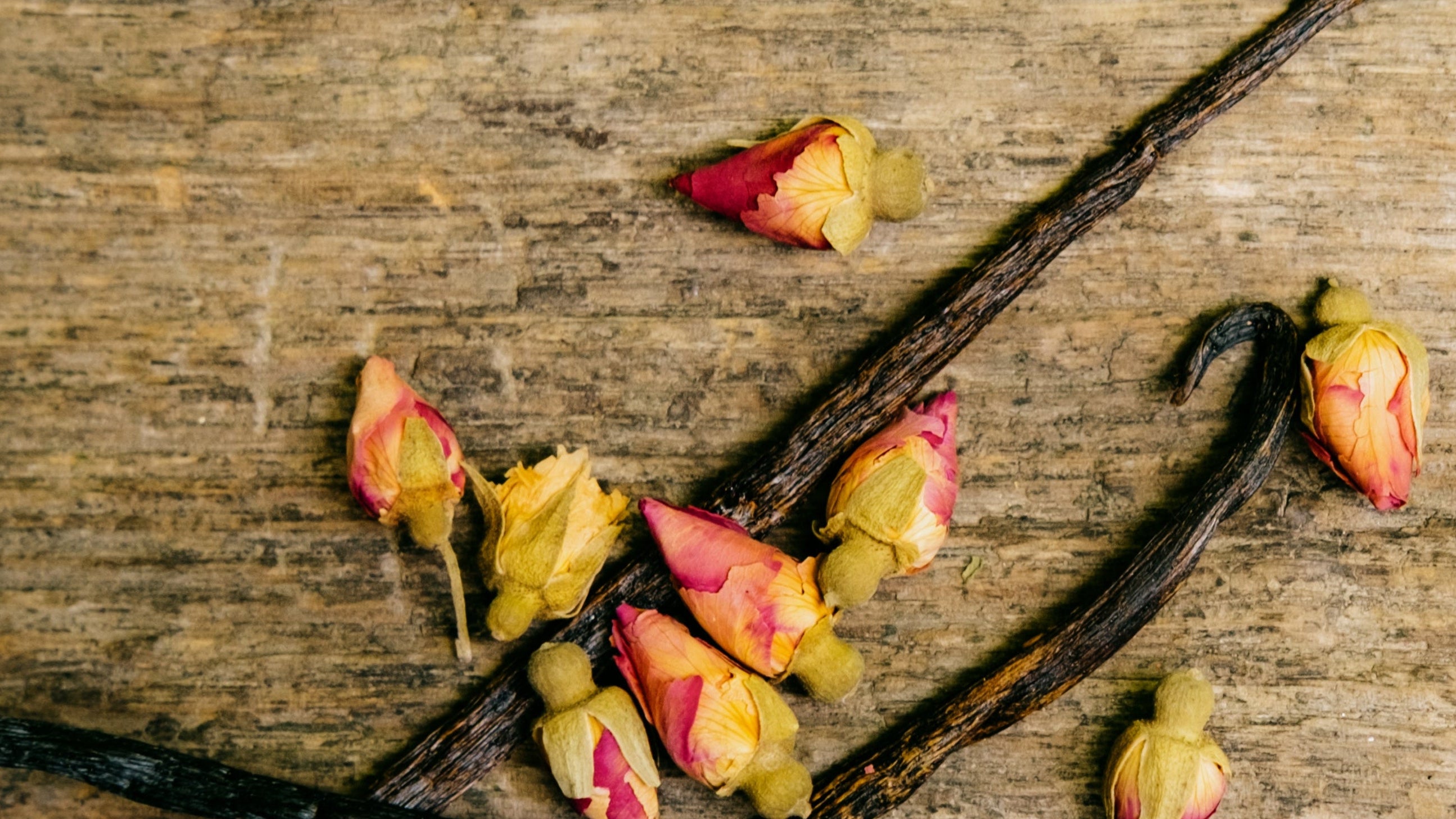 Vanilla beans and rosehips on a wooden surface